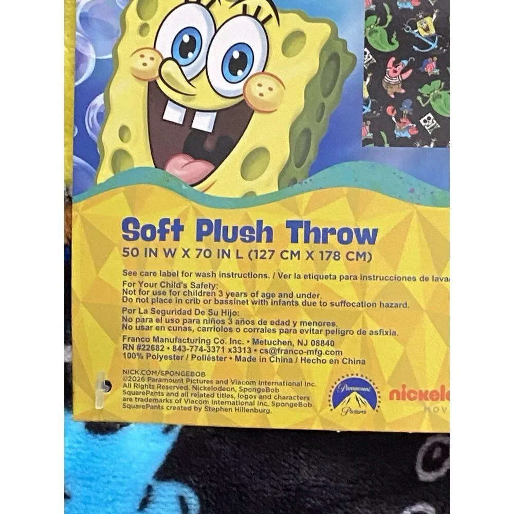 Spongebob Squarepants Movie Throw‎ Blanket 50”X 70” Pirate Davy Jones Black NEW